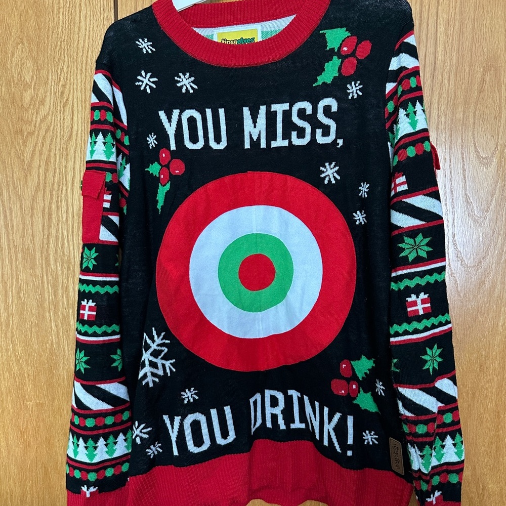Tipsy Elves You Miss You Drink Bullseye Ugly Christmas Sweater Velcro Balls XL